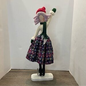 Whimsical Hand painted Folk-art Doll. Pre-owned. Cracked base. Winter. Skates.